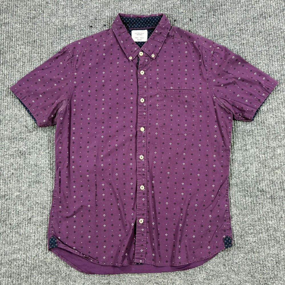 Level Ten Mens Size M Purple Geometric Short Sleeve Button Down Shirt Modern